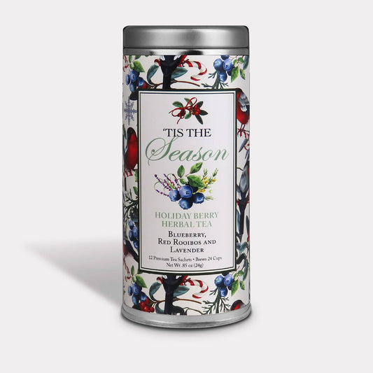 Tis the Season Holiday Berry Herbal Tea tin decorated with birds, blueberries, candy canes, and holiday greenery