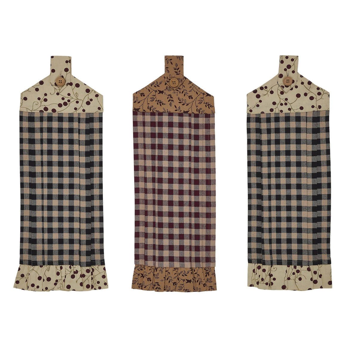 Front view of Pip Vinestar checked kitchen towels showing button-loop hangers and coordinating printed trim.