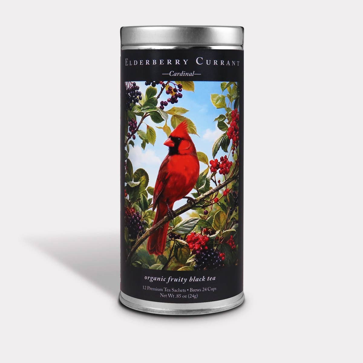 Cardinal Elderberry Currant Black Tea tin featuring a red cardinal perched among leafy branches and berries