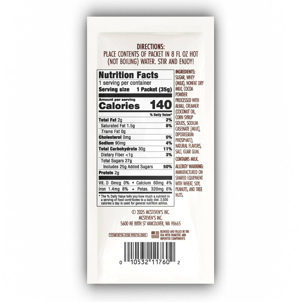 Back of Cowboy Christmas Chocolate Cocoa packet showing hot-water preparation directions, ingredients, allergens, and nutrition facts