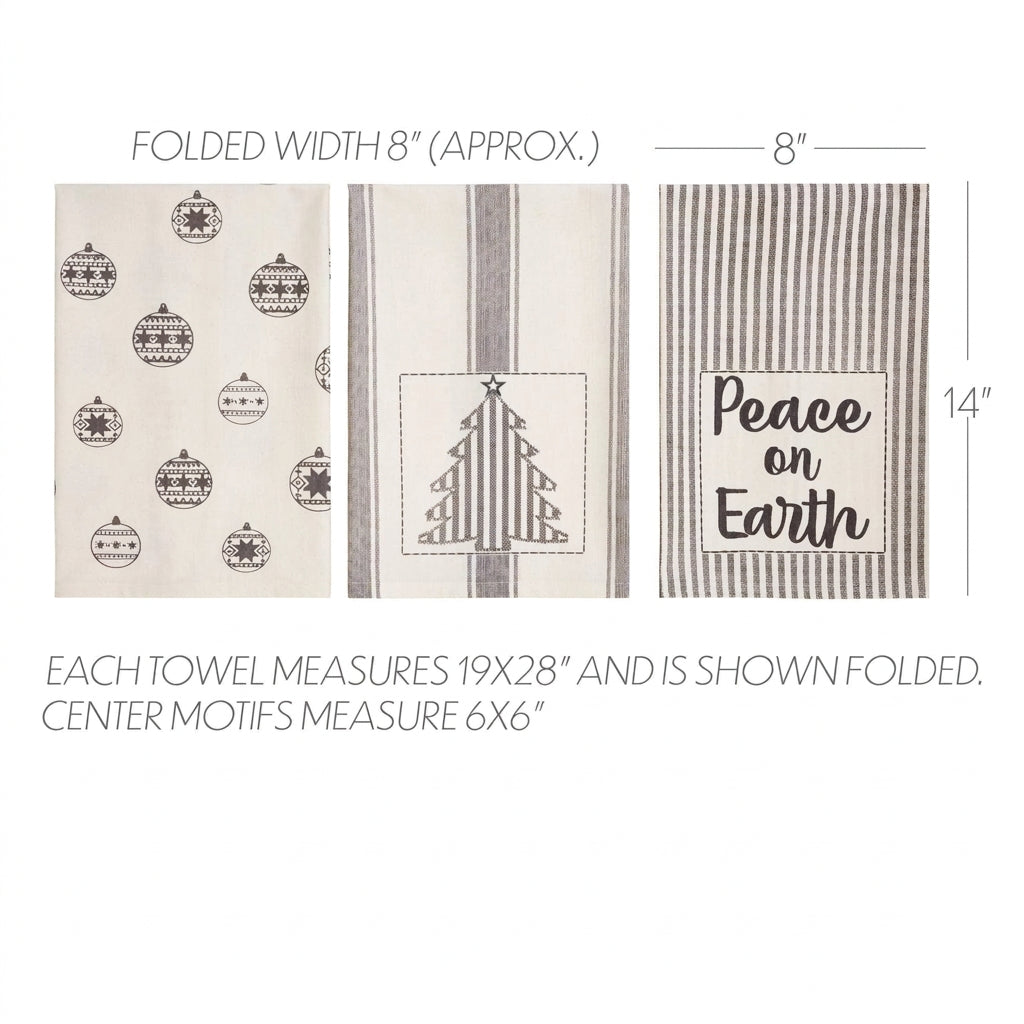 Grace Christmas tea towel size guide showing 19 by 28-inch towels folded to approximately 8 by 14 inches.
