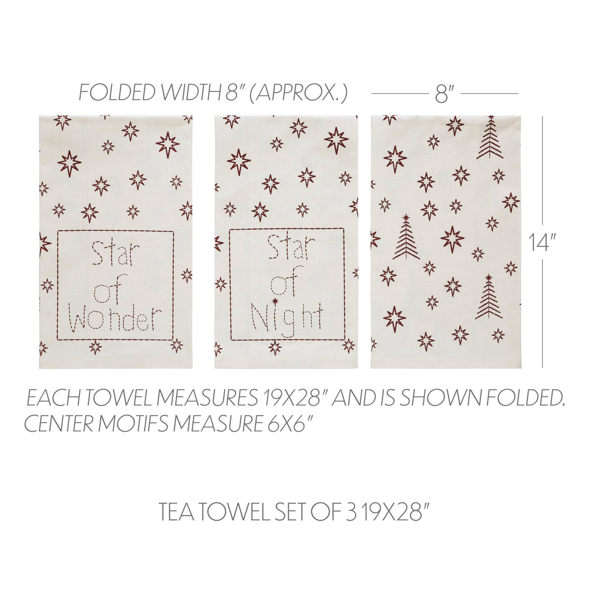 Christmas tea towel size guide showing 19 by 28-inch towels folded to approximately 8 by 14 inches.