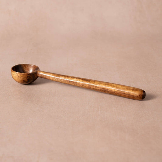 Subah Wood Coffee Scoop with a long handle and deep round bowl in natural oil-finished siris wood