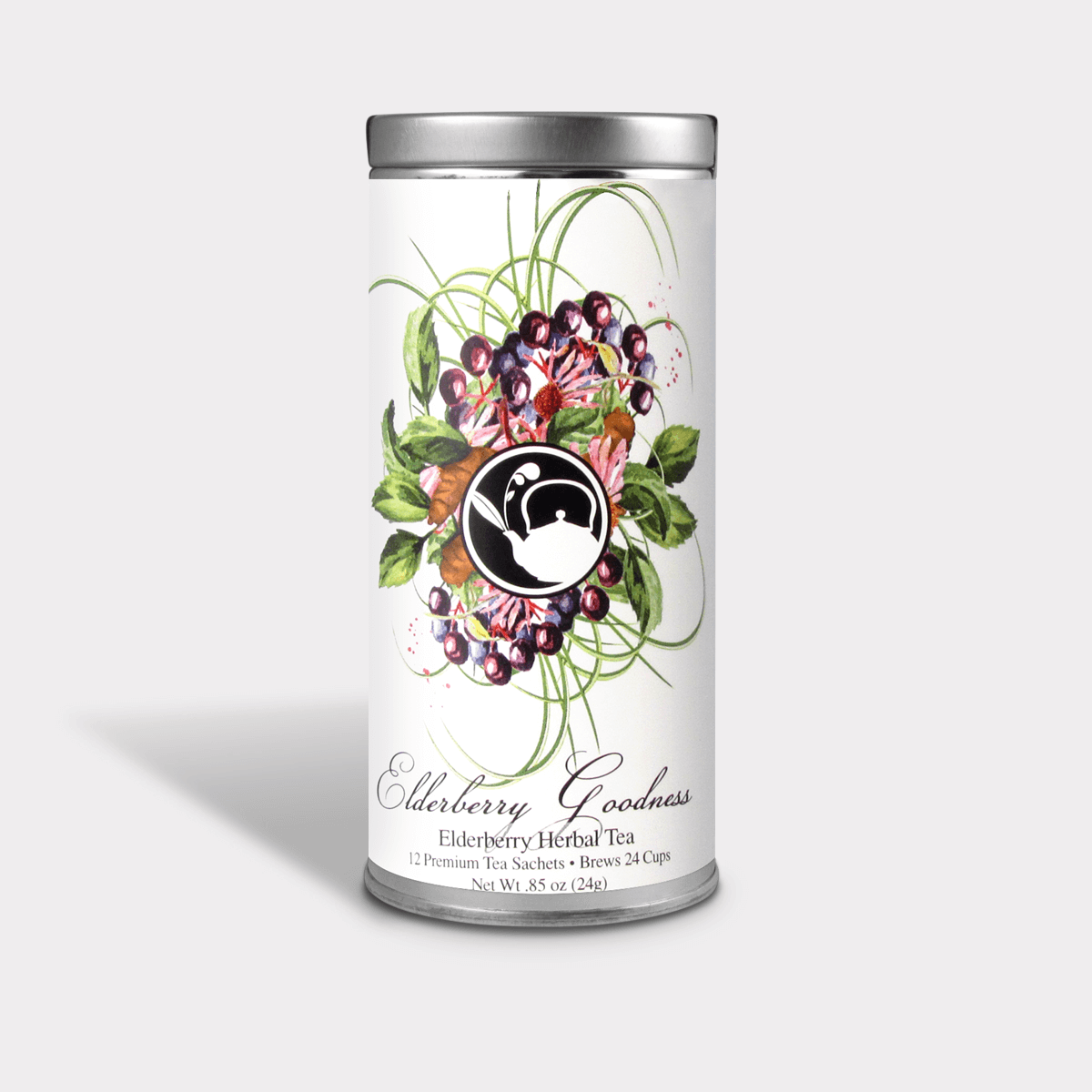 Elderberry Goodness Herbal Tea tall white tin with illustrated berries, green leaves, flowers, and a black-and-white teapot logo