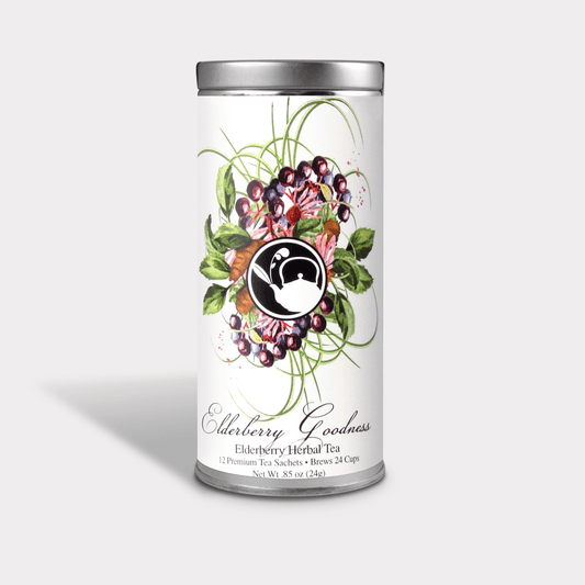 Elderberry Goodness Herbal Tea tall white tin with illustrated berries, green leaves, flowers, and a black-and-white teapot logo
