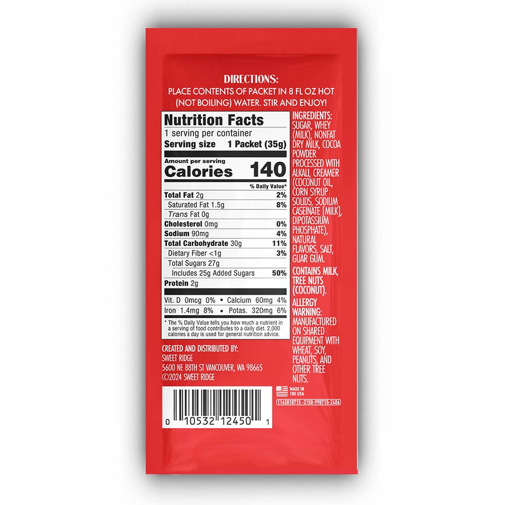 Back of SweetRidge Double Chocolate Cocoa packet showing preparation directions, nutrition facts, ingredients, and allergens