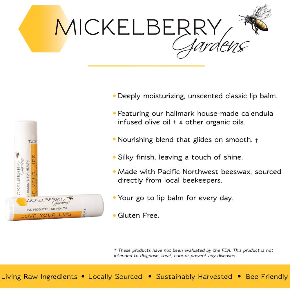 Mickelberry Gardens Regular Love Your Lips Balm information graphic with ingredients and moisturizing features