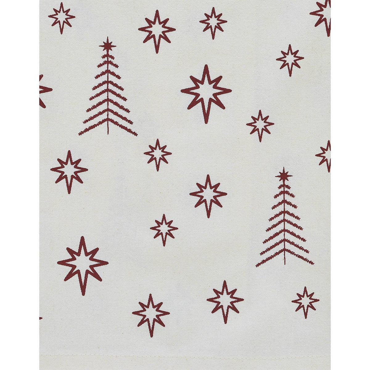 Stars and Trees Christmas tea towel with burgundy star and evergreen tree designs on cream cotton.