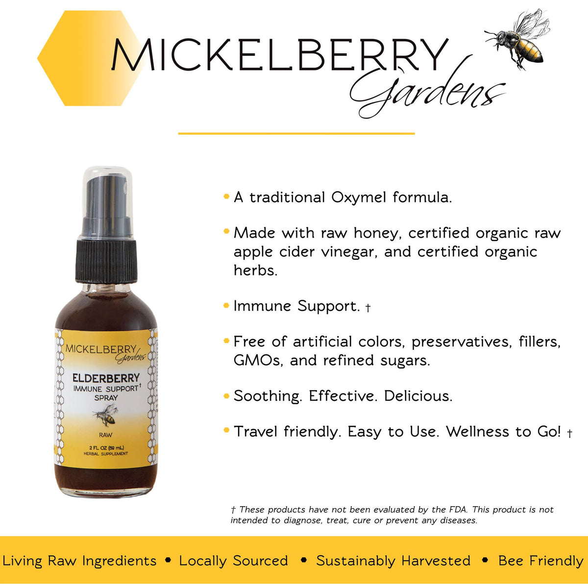 Mickelberry Gardens Elderberry Immune Support Spray information graphic with bottle and formula details