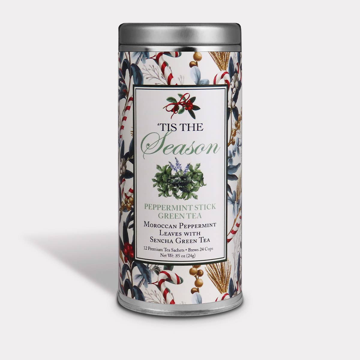 Tis the Season Peppermint Stick Green Tea tin with candy cane and holiday greenery design