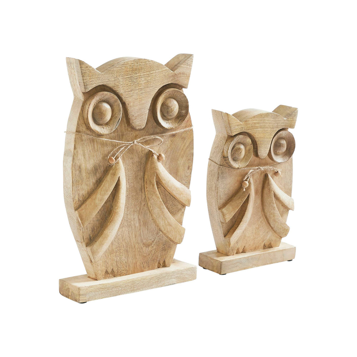 Angled view of large and small mango wood owl figurines with carved wings and wooden bases