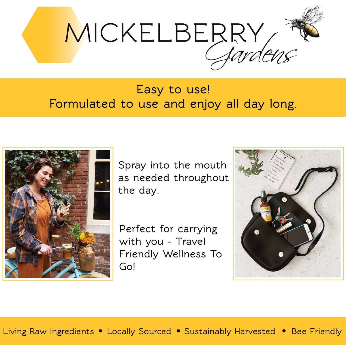 Mickelberry Gardens herbal spray usage guide showing a woman holding a bottle and a spray tucked into a handbag