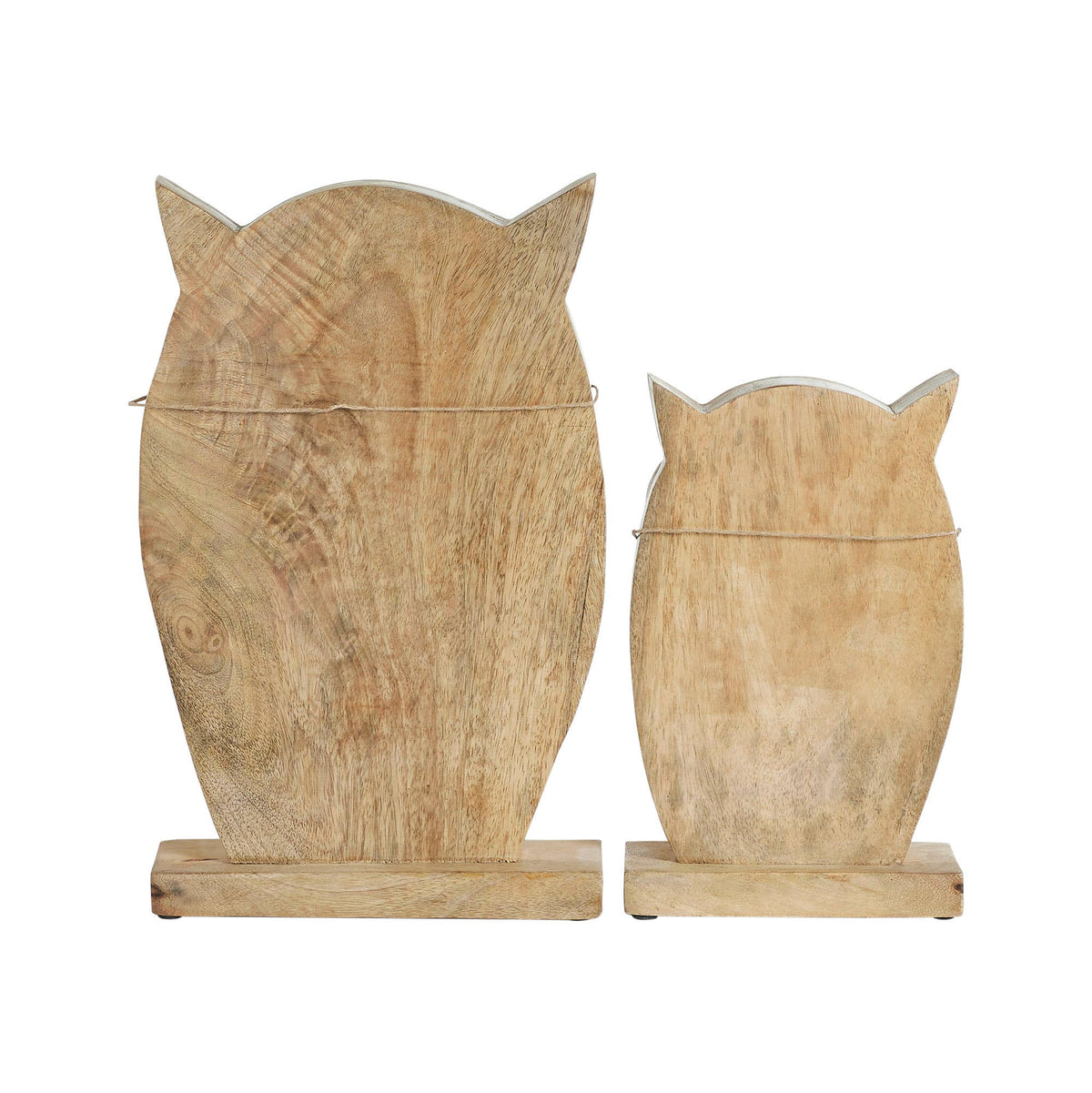 Back view of large and small mango wood owl figurines showing natural wood grain and rectangular bases