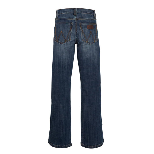  Wrangler Retro boys’ relaxed bootcut jeans in Falls City dark blue denim with W stitching on back pockets, rear view

