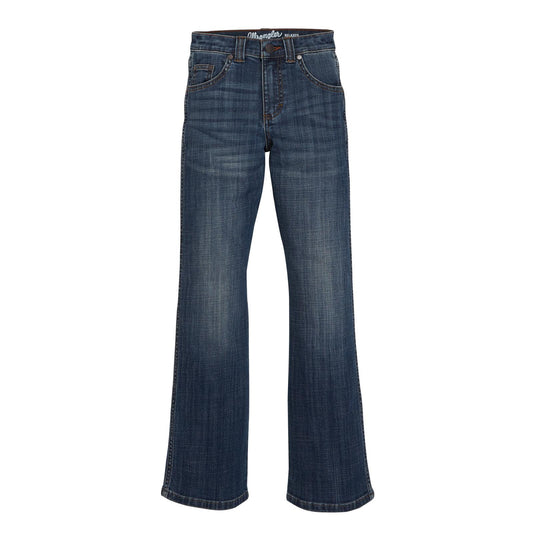  Wrangler Retro boys’ relaxed bootcut jeans in Falls City dark blue denim, front view