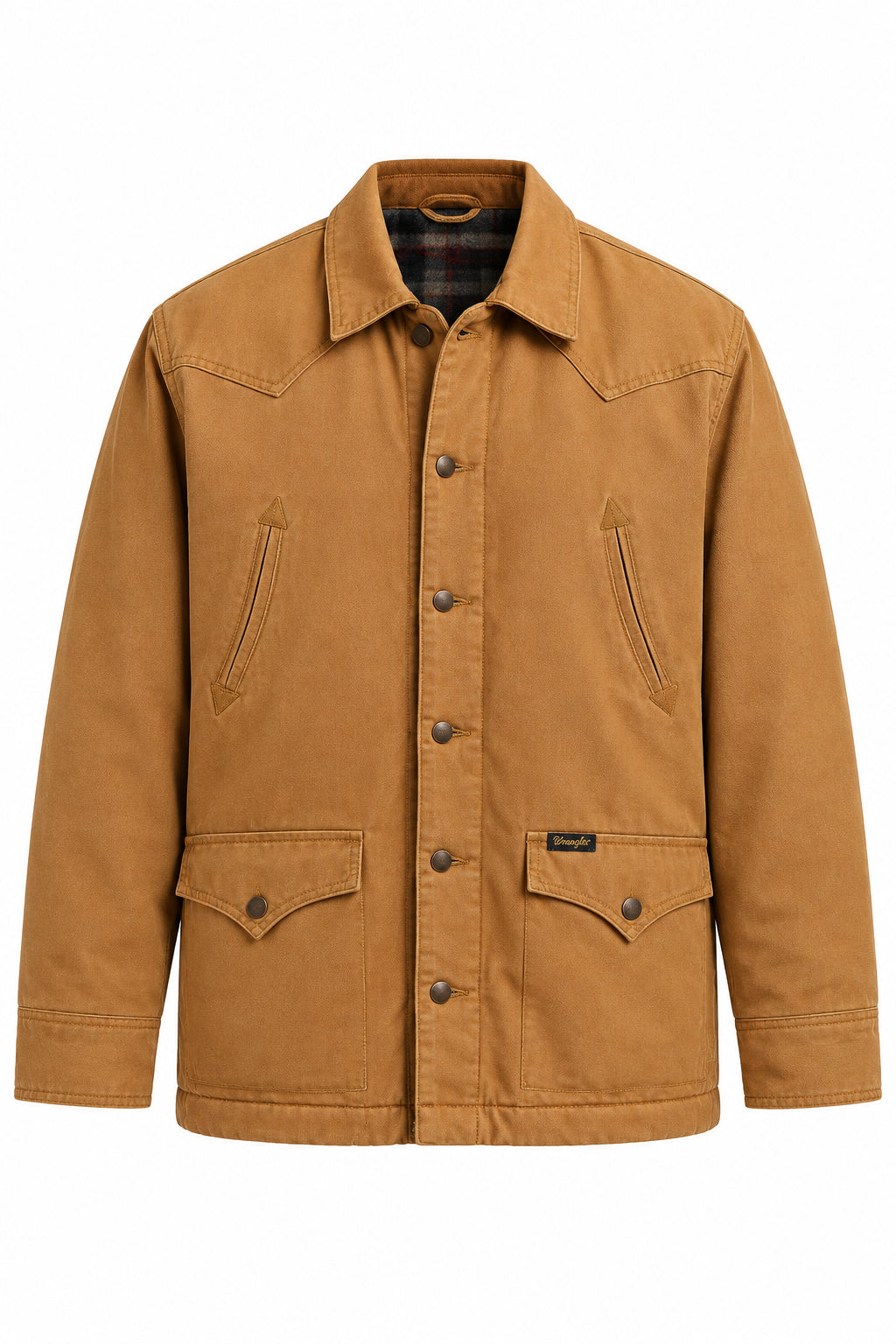 A tan canvas utility jacket over a blue shirt and jeans, photographed against a light gray studio background.
