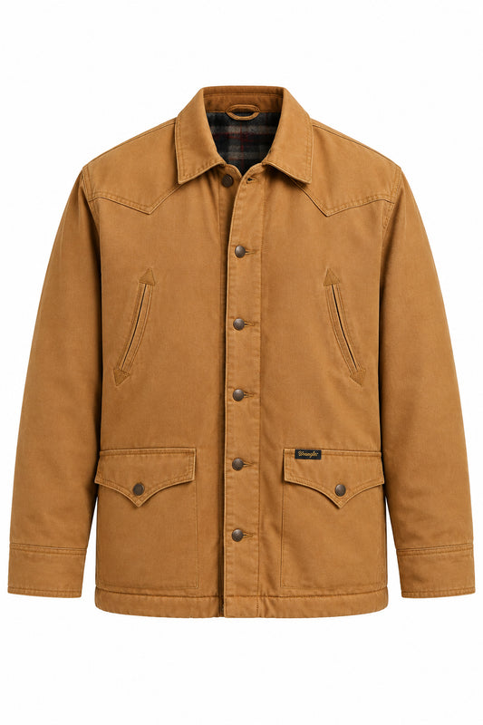 A tan canvas utility jacket over a blue shirt and jeans, photographed against a light gray studio background.