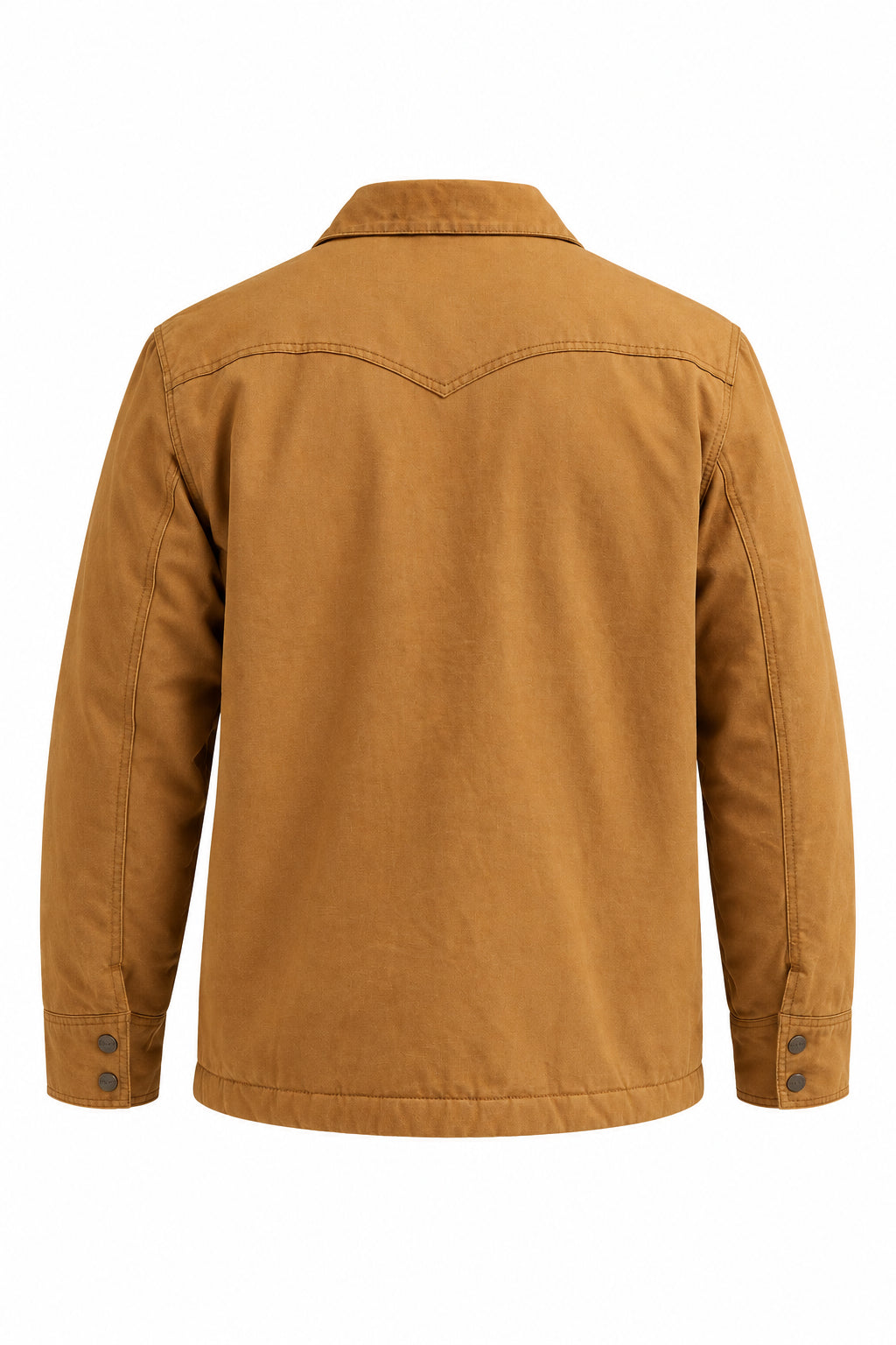 Back View of a tan utility jacket with buttoned cuffs and dark blue jeans, set against a plain light gray studio background.