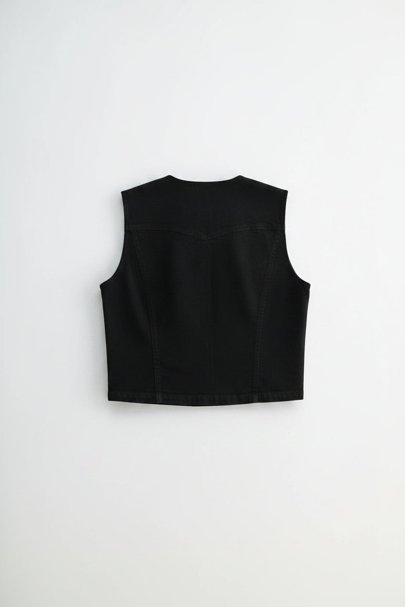  a black sleeveless top on a plain background