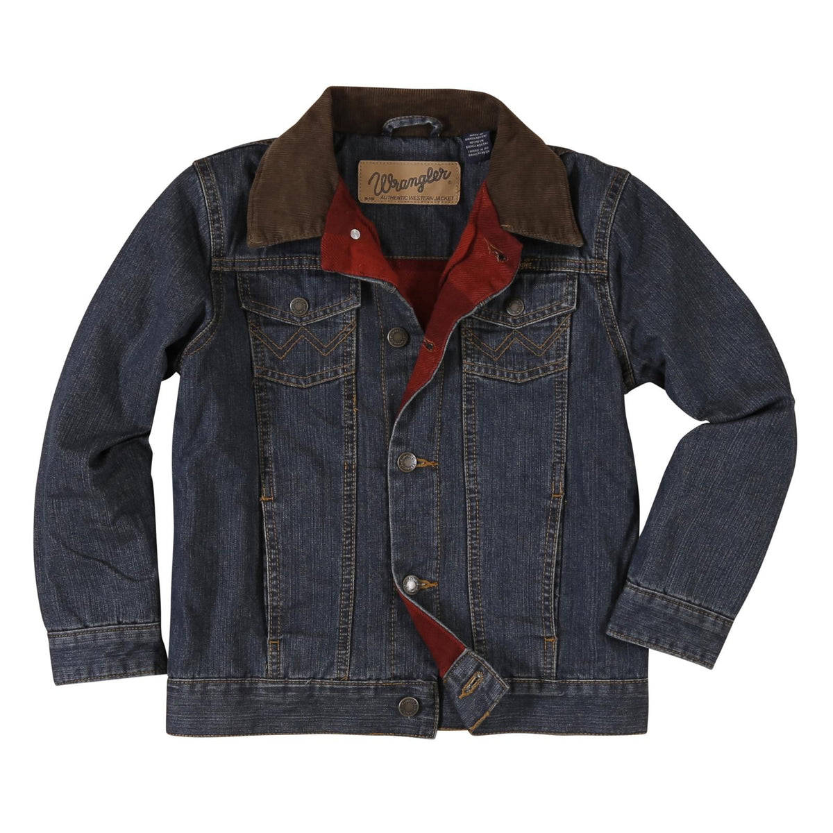 A Wrangler denim jacket with a brown corduroy collar, a red inner lining, and a brown leather patch on the chest, displayed flat against a white background.