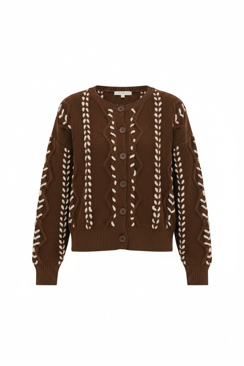  brown button-front knit cardigan with cream braided vertical patterns 