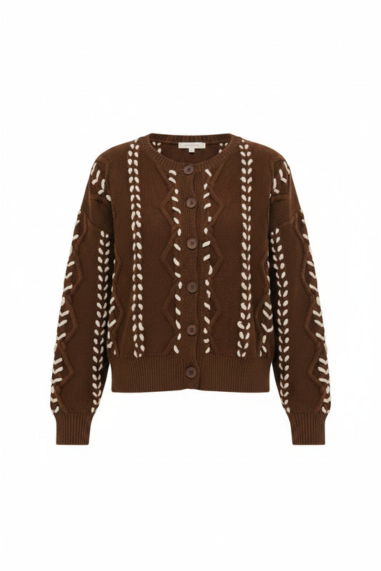  brown button-front knit cardigan with cream braided vertical patterns 