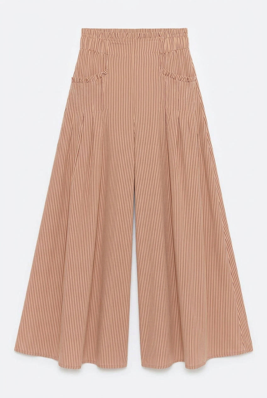 Front view of wide-leg palazzo pants with burgundy pinstripes on a tan background and two patch pockets.