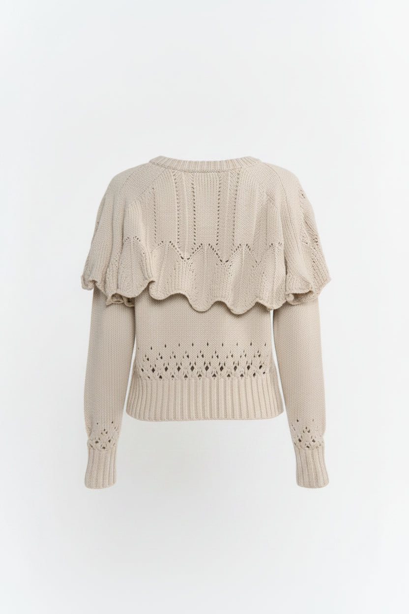  the back beige knit sweater with layered ruffle details 
 
