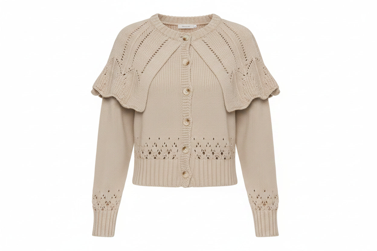  beige knitted cardigan with ruffled details 