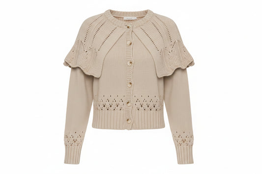  beige knitted cardigan with ruffled details 
