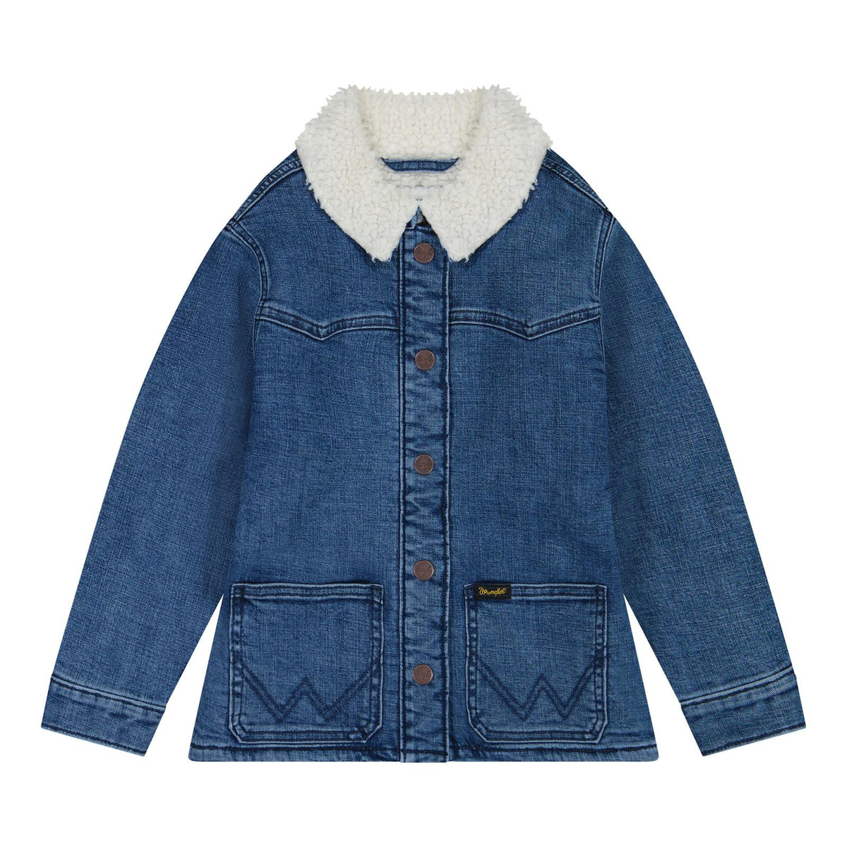 A children's blue denim jacket with a white sherpa fleece collar, brown buttons, and two front patch pockets with zigzag stitching, shown on a plain white background.