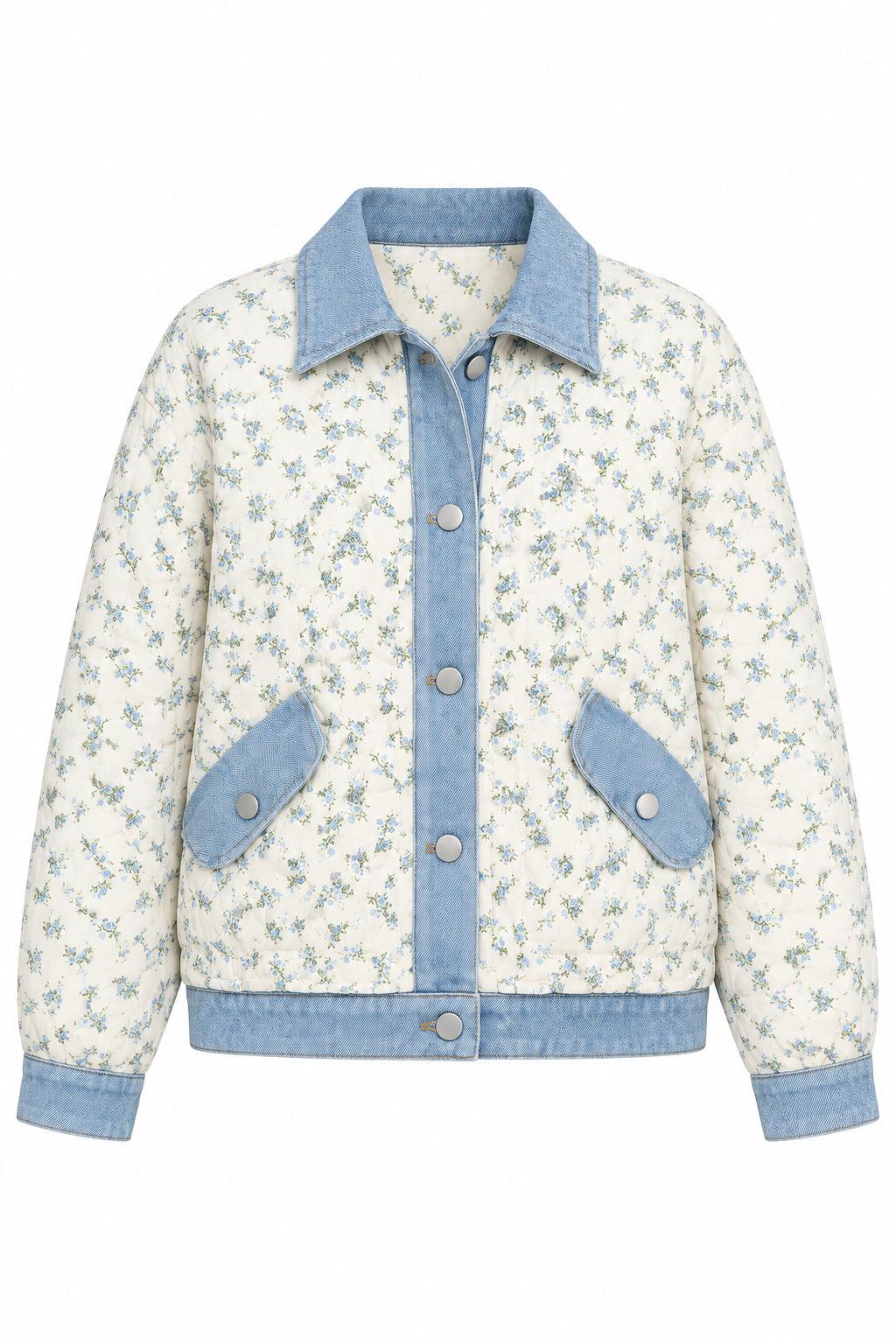 A button-front jacket with a cream floral print and light blue denim trim, against a plain white background.