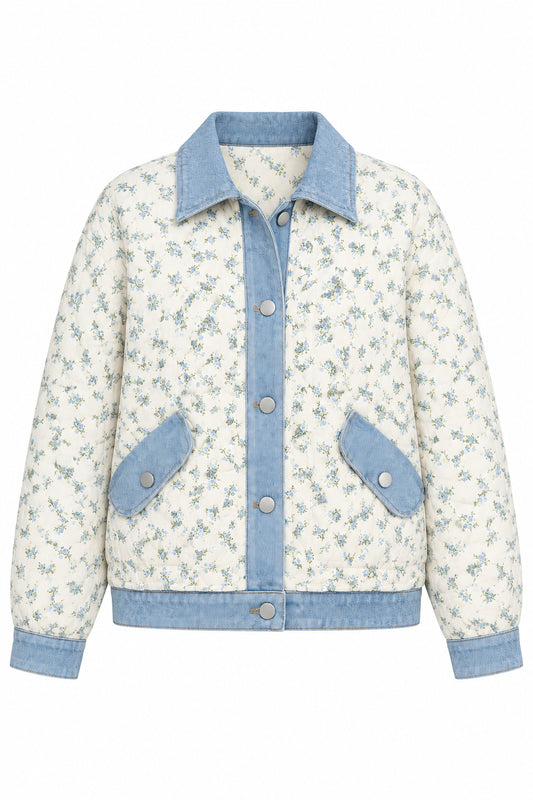 A button-front jacket with a cream floral print and light blue denim trim, against a plain white background.