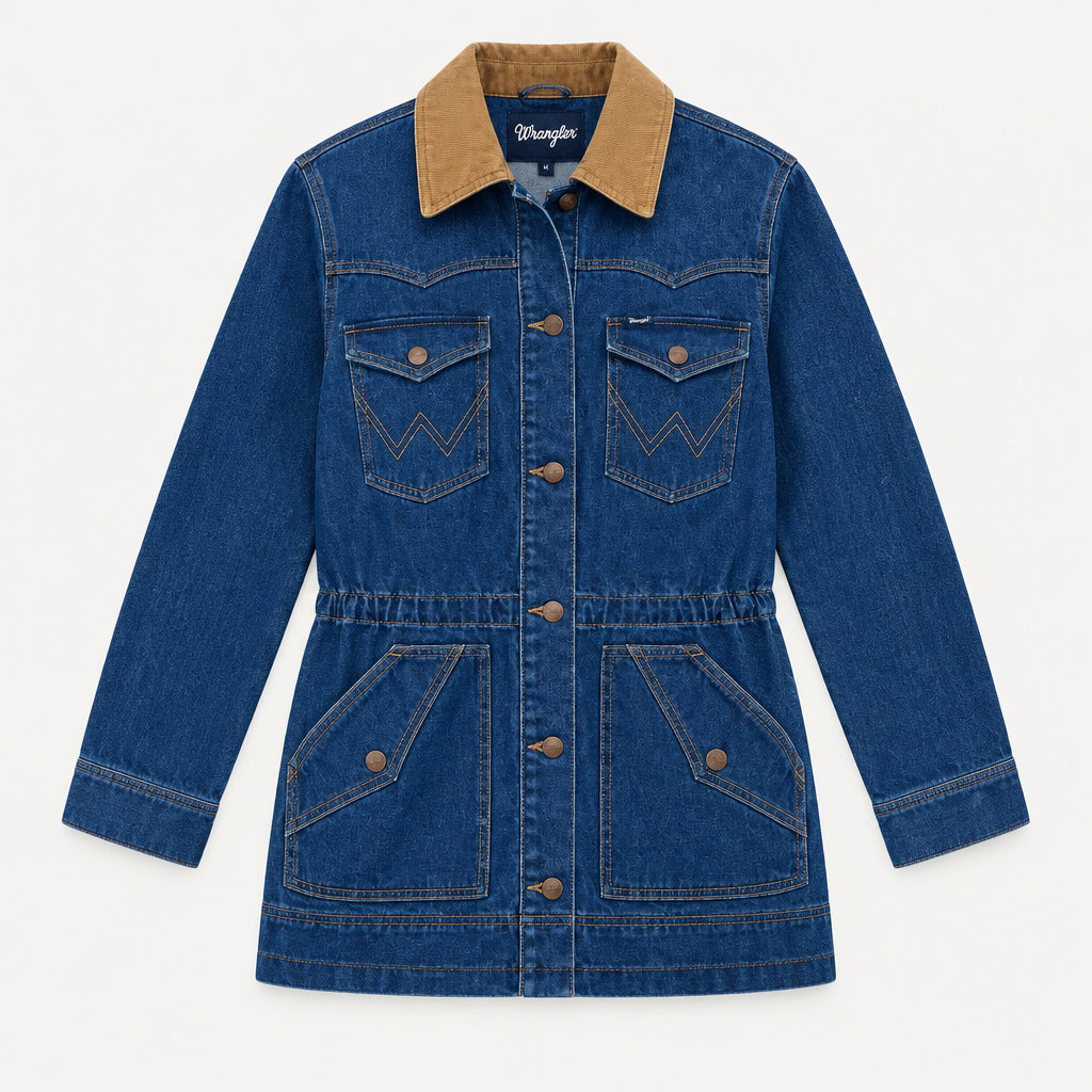 A blue denim jacket medium length and a cinch waist, courduroy collar with a white background