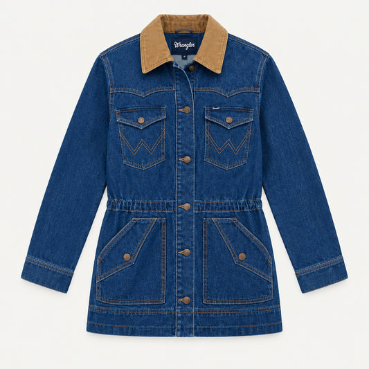 A blue denim jacket medium length and a cinch waist, courduroy collar with a white background