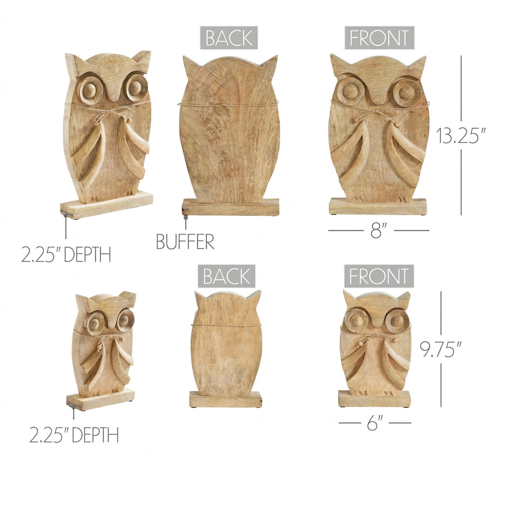 Size chart showing large owl at 13.25 x 8 x 2.25 inches and small owl at 9.75 x 6 x 2.25 inches