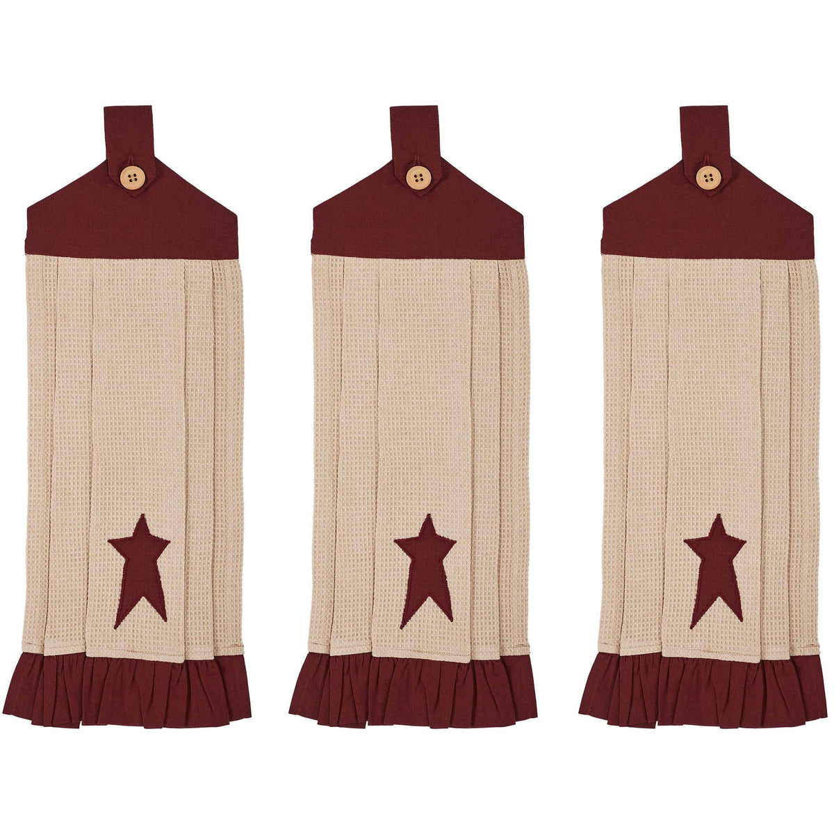 Front view of Connell kitchen towels with cream waffle texture, burgundy stars, and matching button-loop tops.