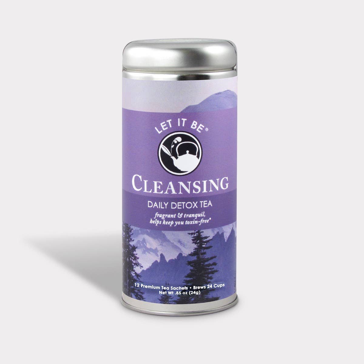 Let It Be Cleansing Daily Detox Tea tin with a purple mountain and evergreen tree design