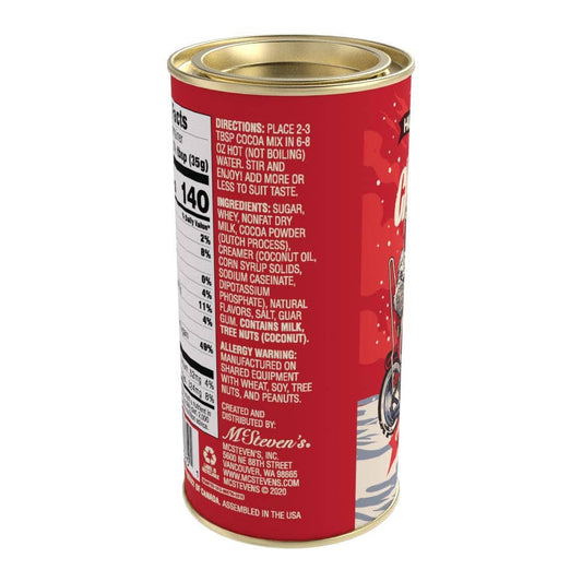Candy Cane Cocoa tin showing preparation directions, ingredients, and allergen information