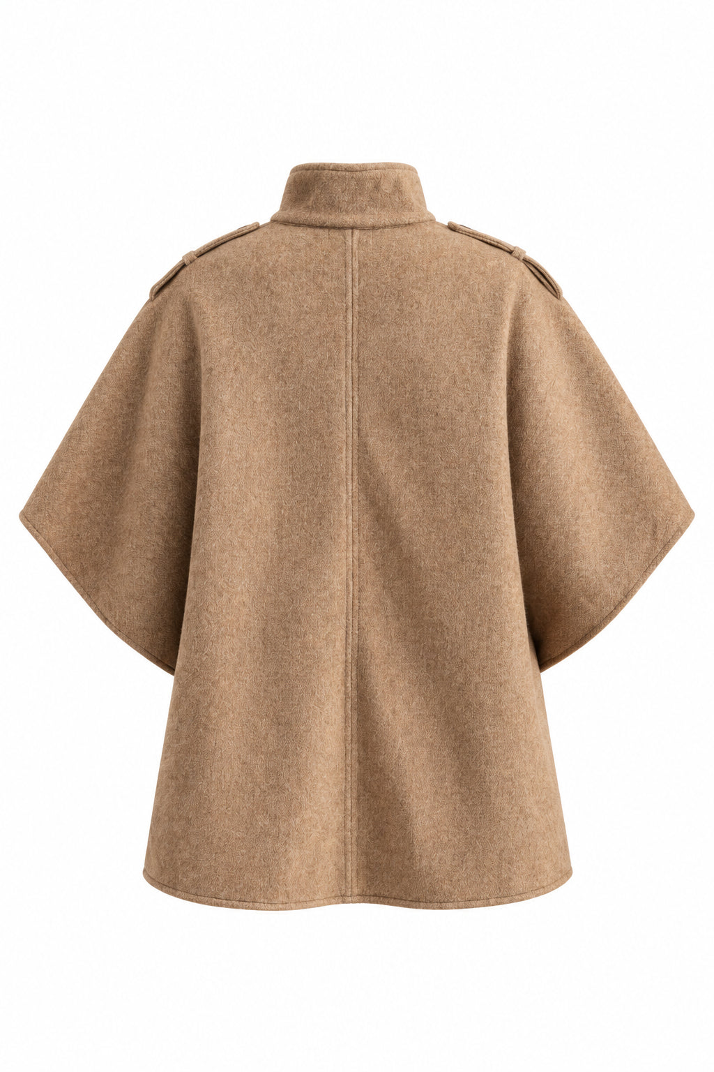 The back view of a Toffee-colored, oversized cape-style coat with a high collar, against a plain white background.