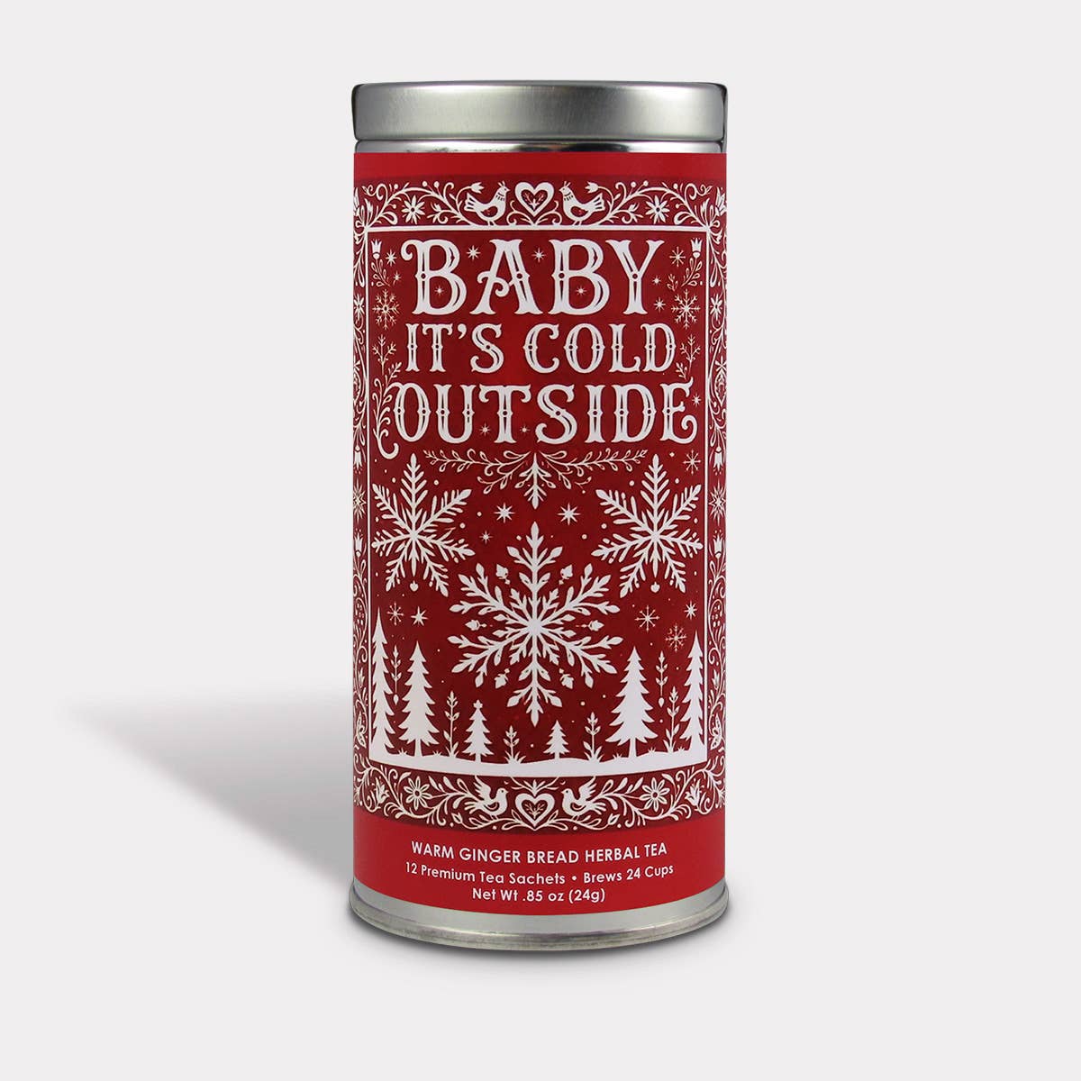 Baby It's Cold Outside Warm Ginger Bread Herbal Tea in a red tin with white snowflakes and winter trees