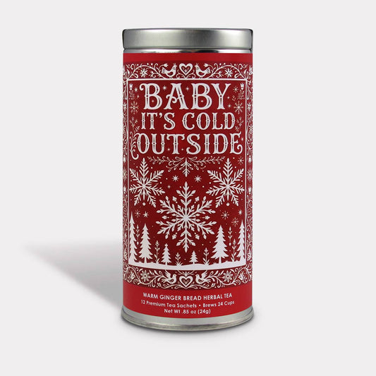 Baby It's Cold Outside Warm Ginger Bread Herbal Tea in a red tin with white snowflakes and winter trees