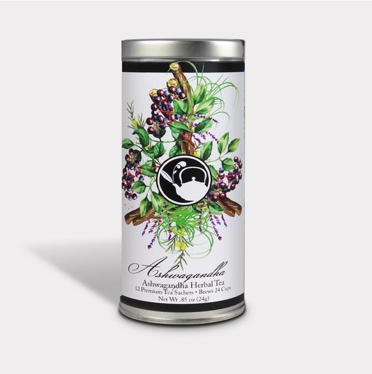 Ashwagandha Herbal Tea tall tin with botanical leaves, berries, purple flowers, and a black-and-white teapot log