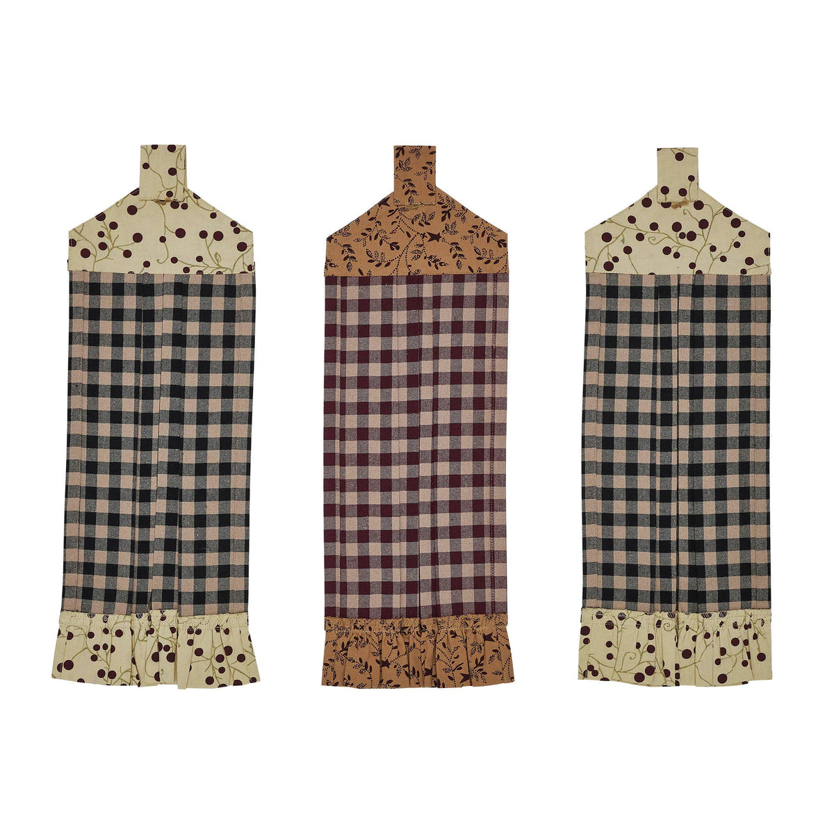 Back view of Pip Vinestar checked kitchen towels with printed hanging loops and ruffled hems.