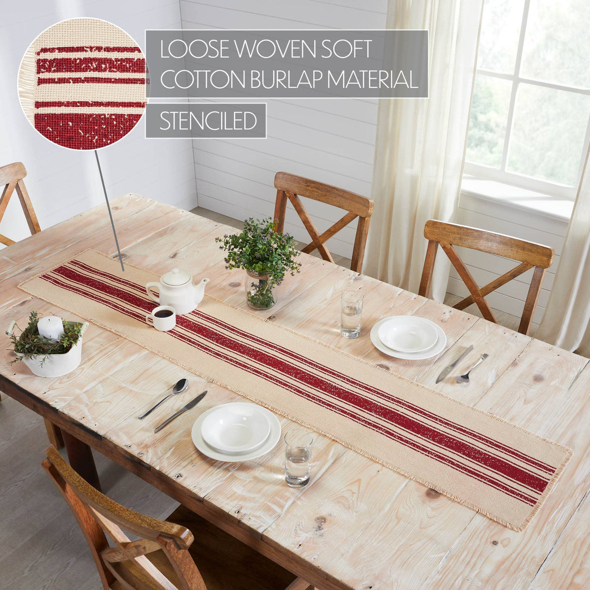 Yuletide red stripe runner on a farmhouse dining table with a close-up of the stenciled cotton burlap texture.