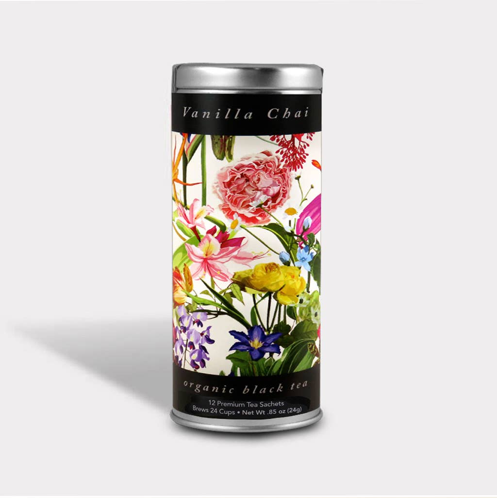 Vanilla Chai black tea tall tin with colorful flowers, green leaves, and black label bands