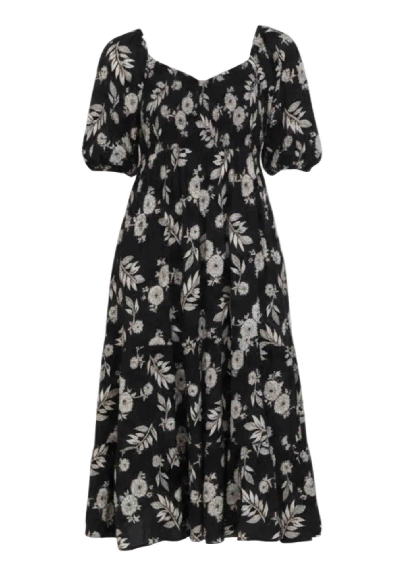  a black floral dress on a white background