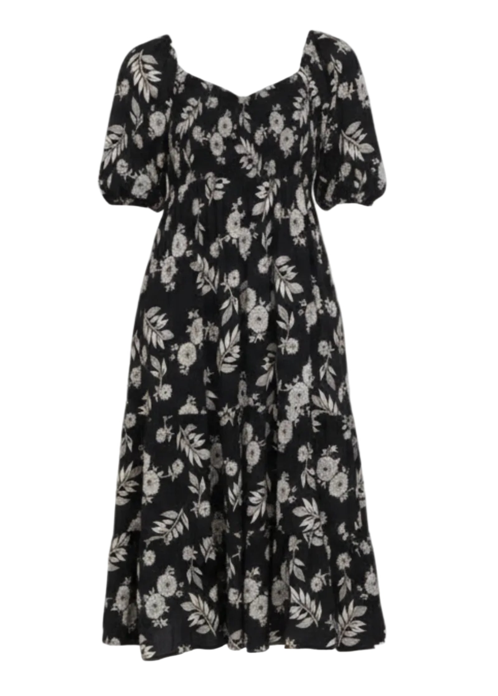  a black floral dress on a white background