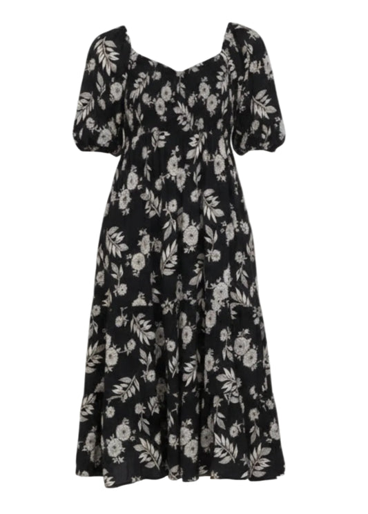  a black floral dress on a white background
