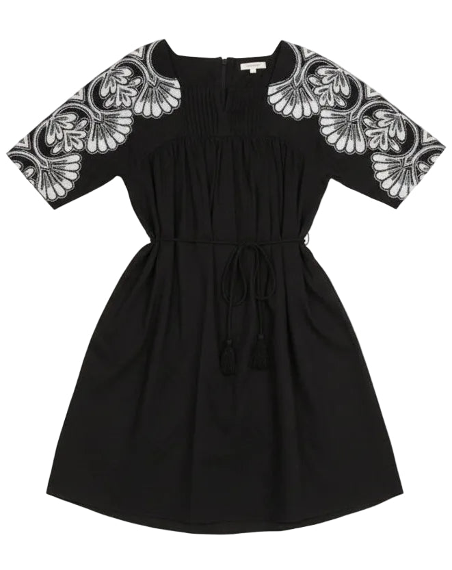 Front view of Black Applique short Dress Pintuck front detail